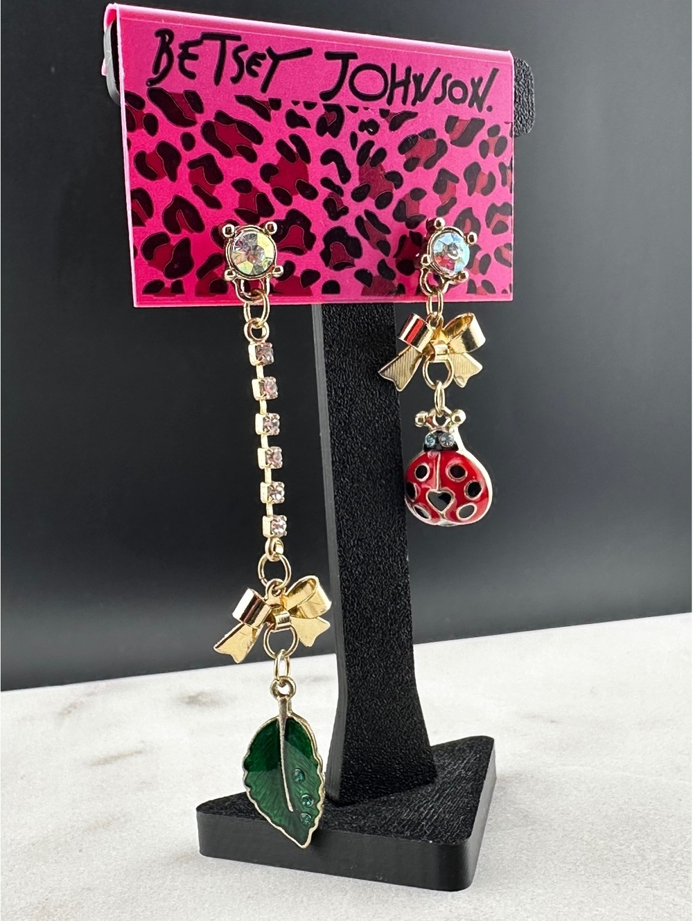 Betsey Johnson Mismatched Dangly Earrings with Ladybug - Picture 2 of 4